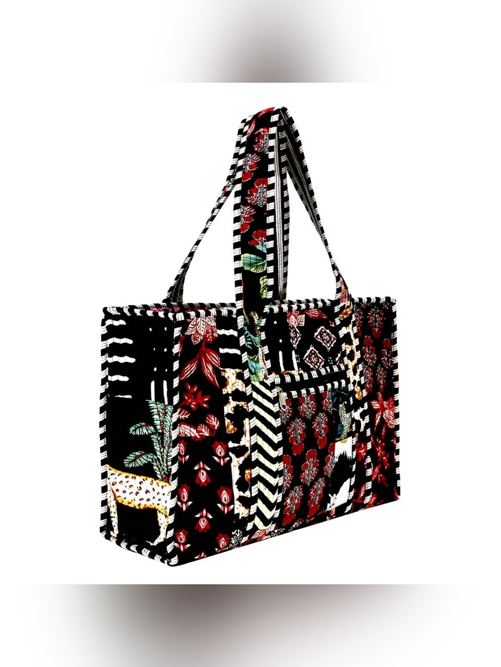 Black multicolored Quilted Cotton Handmade Patchwork Floral Tote Bag-Small